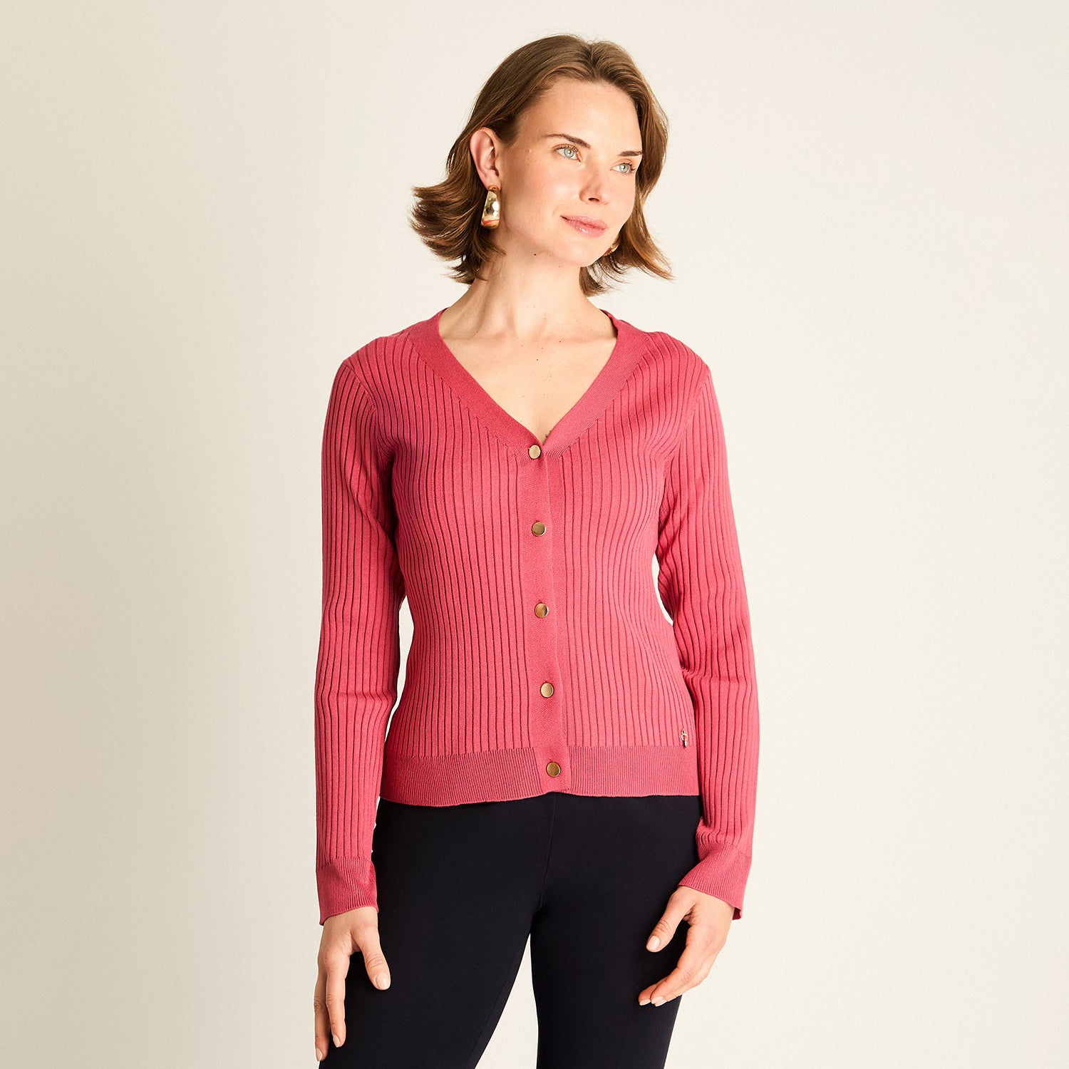 Cardigan Rosado Manga Larga Elasticidad Media Sin Forro Calce Normal